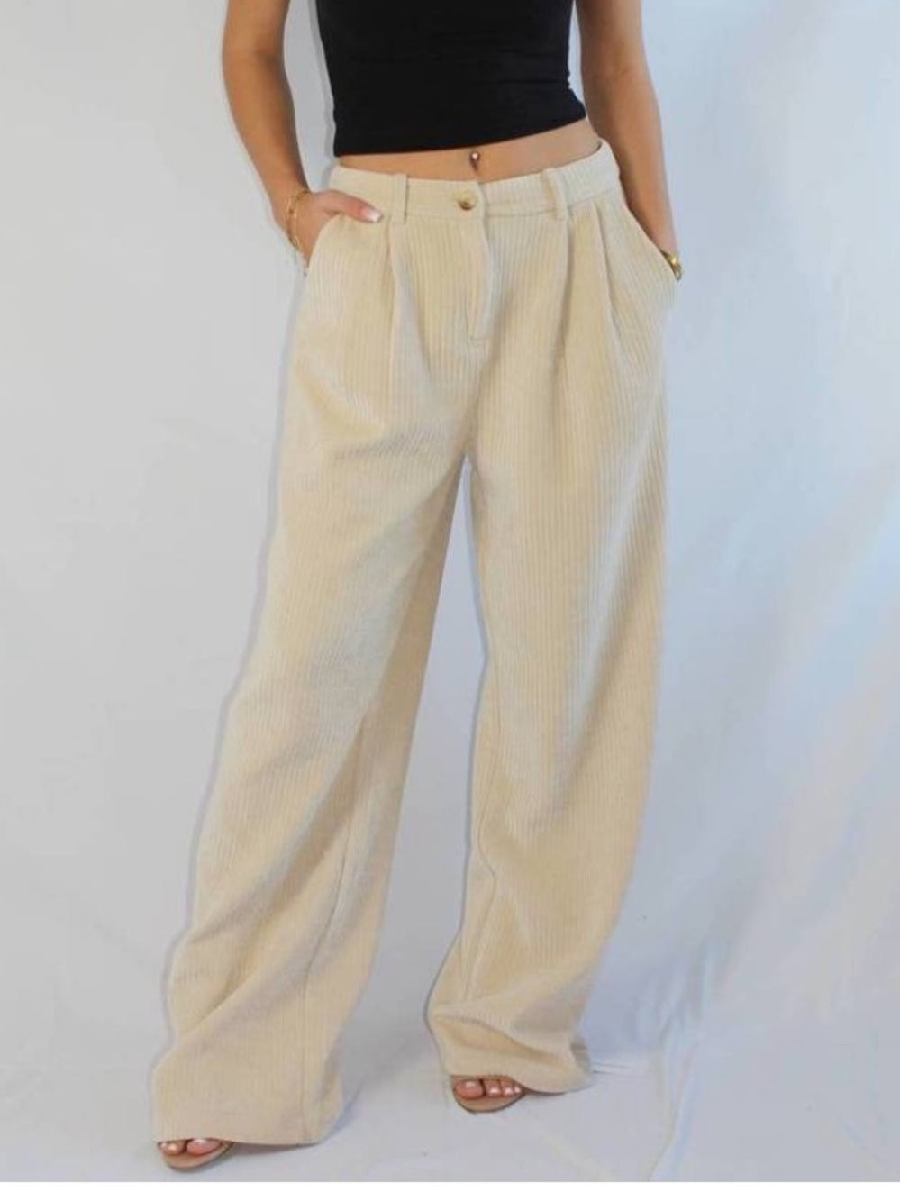 NEW RUMORED simon wide leg pleated cotton corduroy pants in beige small